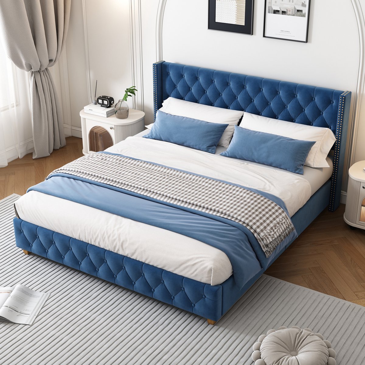WUVRIE Gestoffeerd bed 160x200 cm met lattenbodem, gecapitonneerd hoofd- en voeteneind, blauw