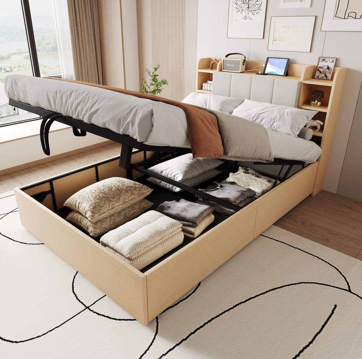 WUVRIE Bedframe 140x200 cm met hydraulische opbergruimte, USB en USB-C, naturel hout Natuurlijk hout