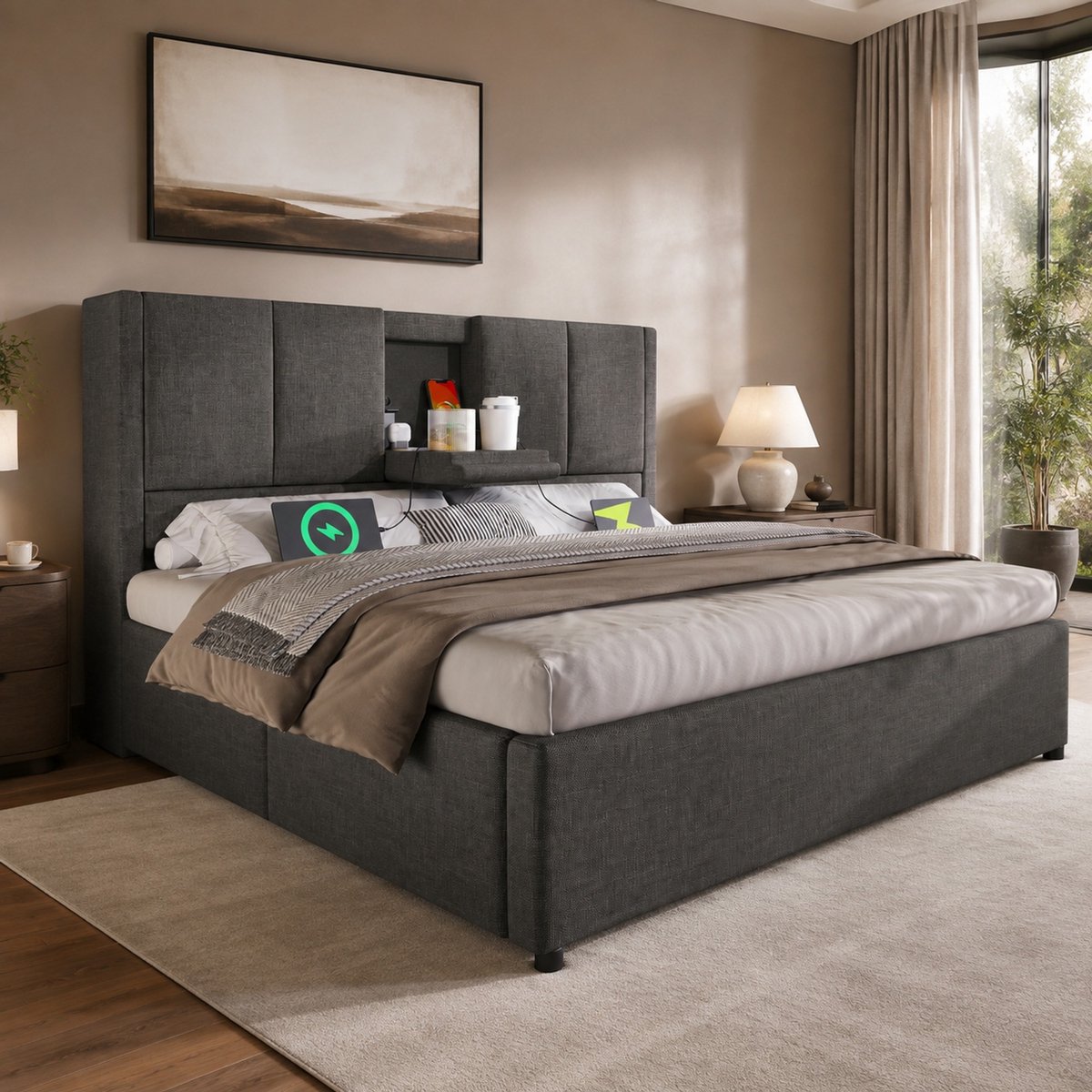 WUVRIE Gestoffeerd opbergbed 140x200 cm met hydraulische bergruimte, laadstation en lattenbodem, grijs