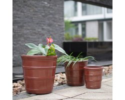 REDOM - Bloempotset - 3-delig - Handgemaakt keramiek - Glanzende horizontale ribbels - Afwateringsgaten - Voor binnen en buiten - Roodbruin - Ø 40,5 32 en 24 cm