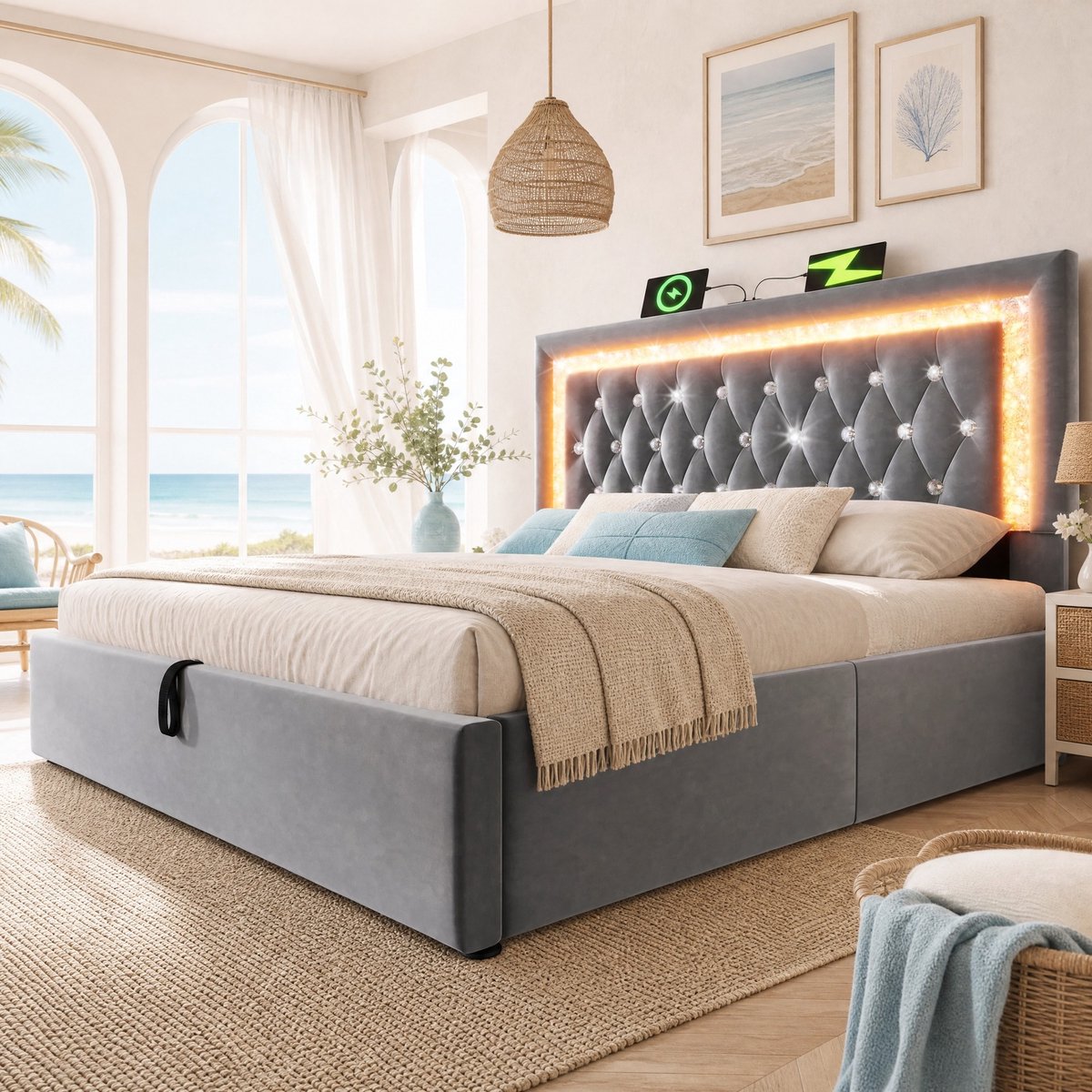 WUVRIE Opbergbed 180x200 cm met LED, USB en USB-C, verstelbaar hoofdbord en lattenbodem, grijs