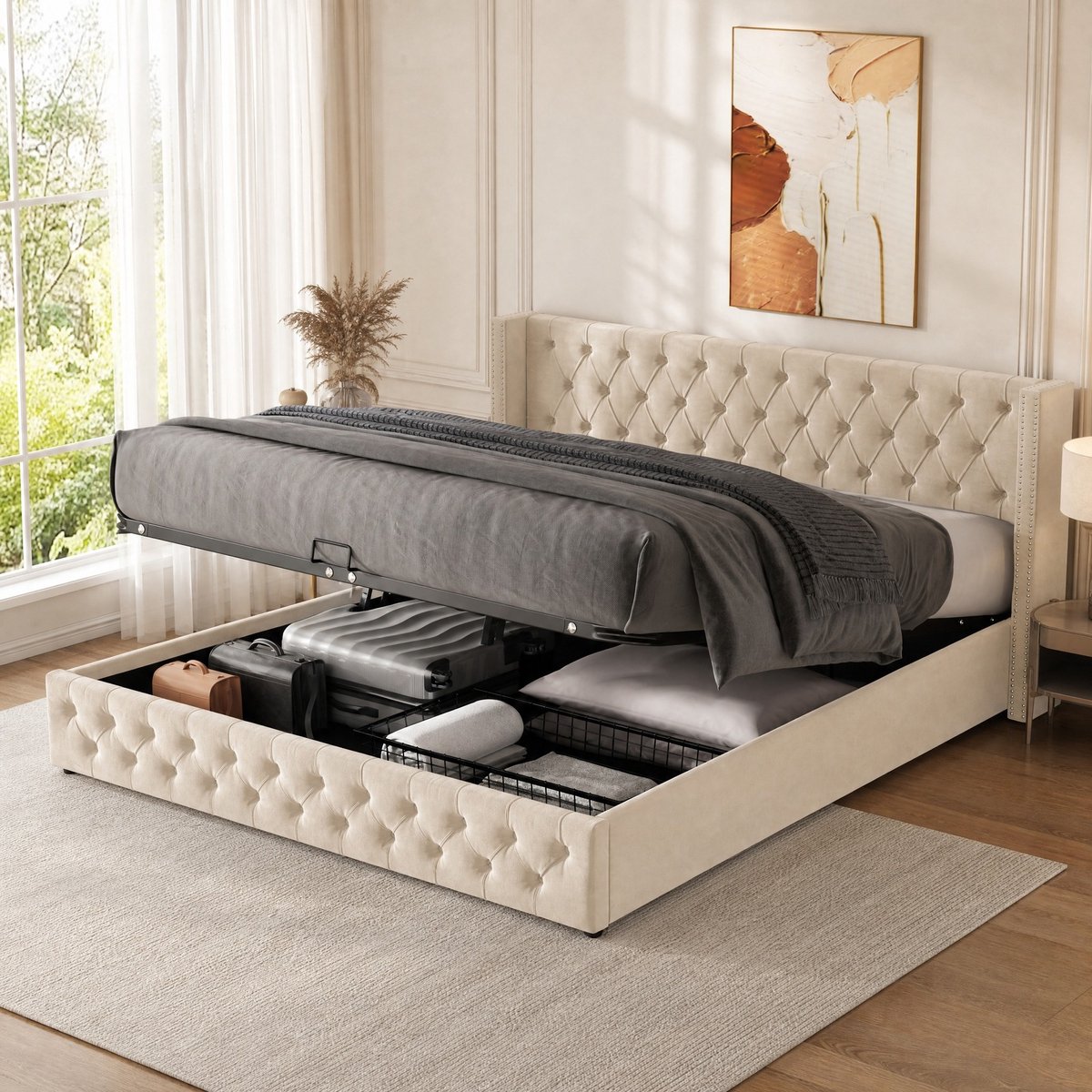 WUVRIE Gestoffeerd opbergbed 140x190 cm met hydraulische lift en lattenbodem, beige
