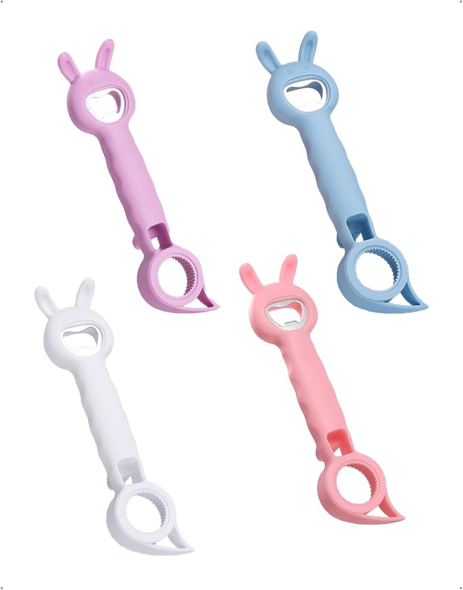 4-in-1 flesopener set in wit, roze, blauw en paars, 4-delige multifunctionele opener voor bier, schroefdoppen, glazen en blikjes, als handig hulpmiddel dagelijks gebruik voor senioren