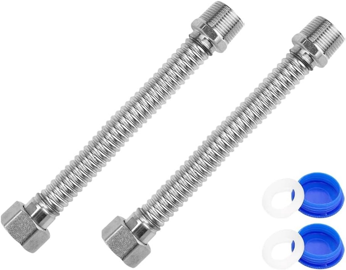 Gegolfde roestvrijstalen buis 40 cm, flexibele afdichtbuis met sluitring en deksel, ideaal voor badkamer en toilet, geschikt voor G3/4 DN20 aansluitingen