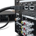 Zwarte HDMI-kabel aangesloten op de achterkant van een zwarte gameconsole en een home-cinemareceiver met diverse aansluitingen.