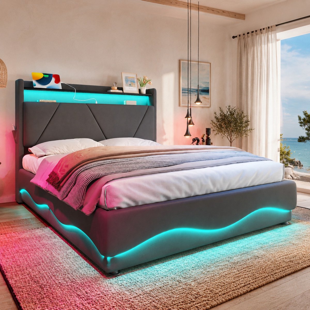 WUVRIE Gestoffeerd opbergbed 160x200 cm met LED, USB-C, lattenbodem en opbergvak, donkergrijs