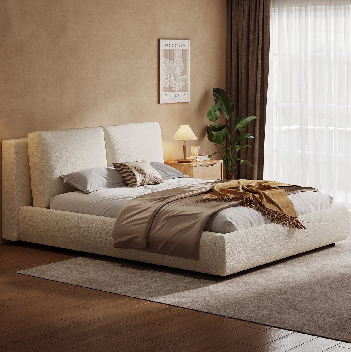 WUVRIE Gestoffeerd tweepersoonsbed 180x200 cm met hydraulische opbergruimte, lattenbodem en hoofdbord, beige bouclé