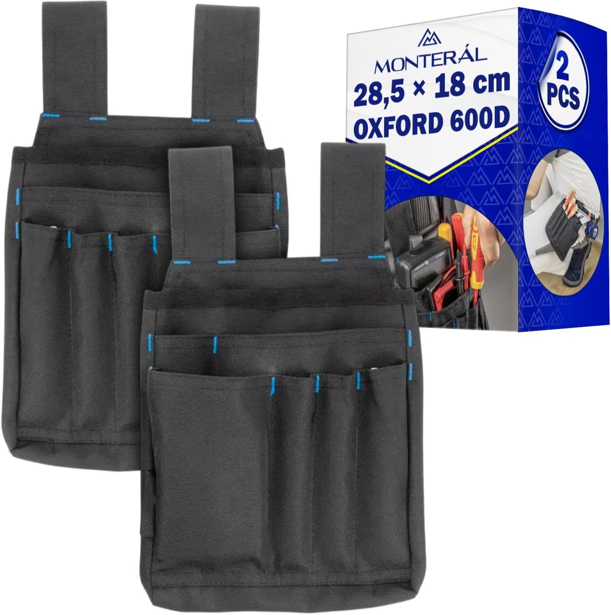 SnelShoppen - 2 Stuks Gereedschapstas Riem 28,5x18 cm met 7 Vakken - Zwart 600D Oxford Weefsel - Ideaal voor Tuin, Klussen, en Werkzaamheden
