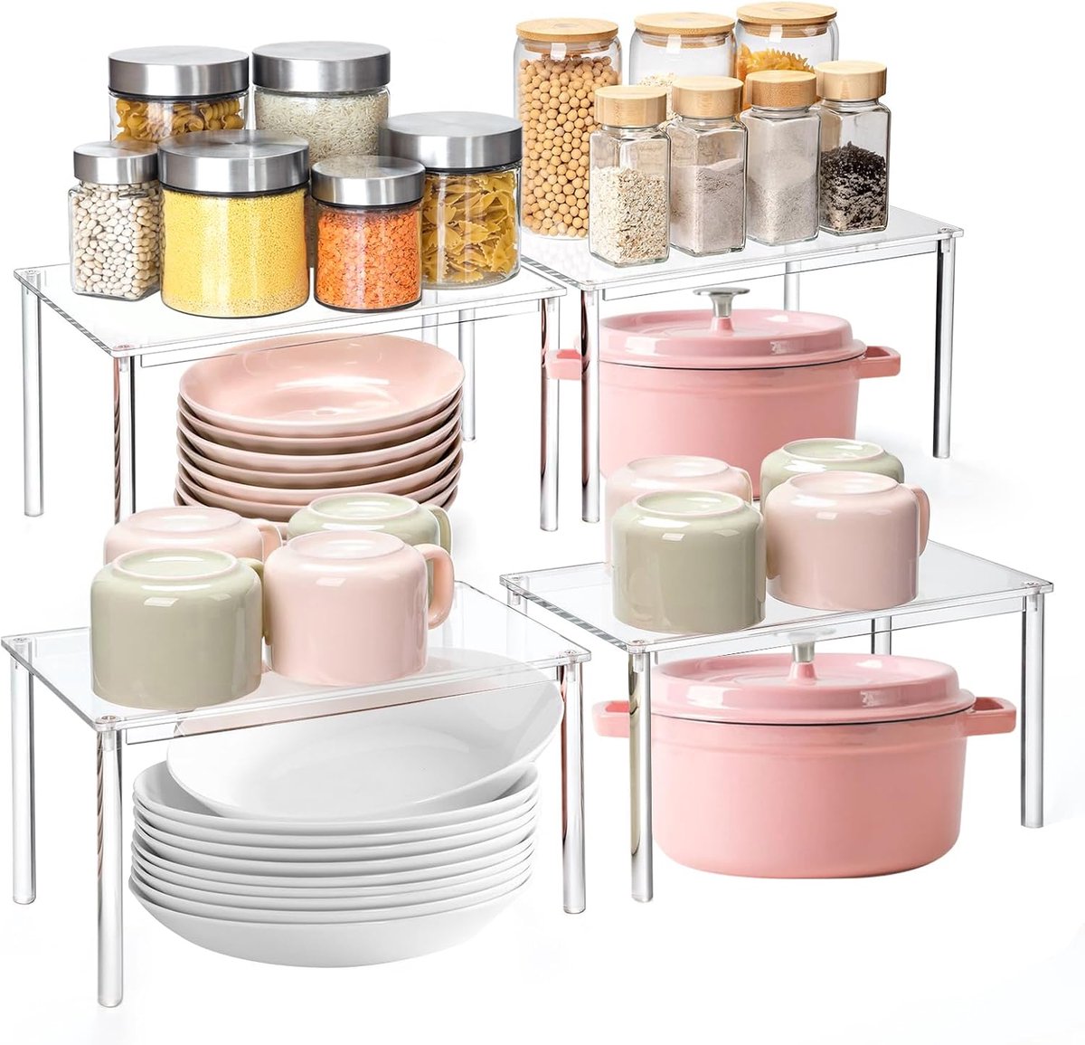 SnelShoppen - 4 Pcs Keuken Organizer Rack Transparant Keuken Kast Organiser Keuken Rack Werkblad Kruidenkastje Kopjeshouder Uitbreidbaar Stapelbaar vo