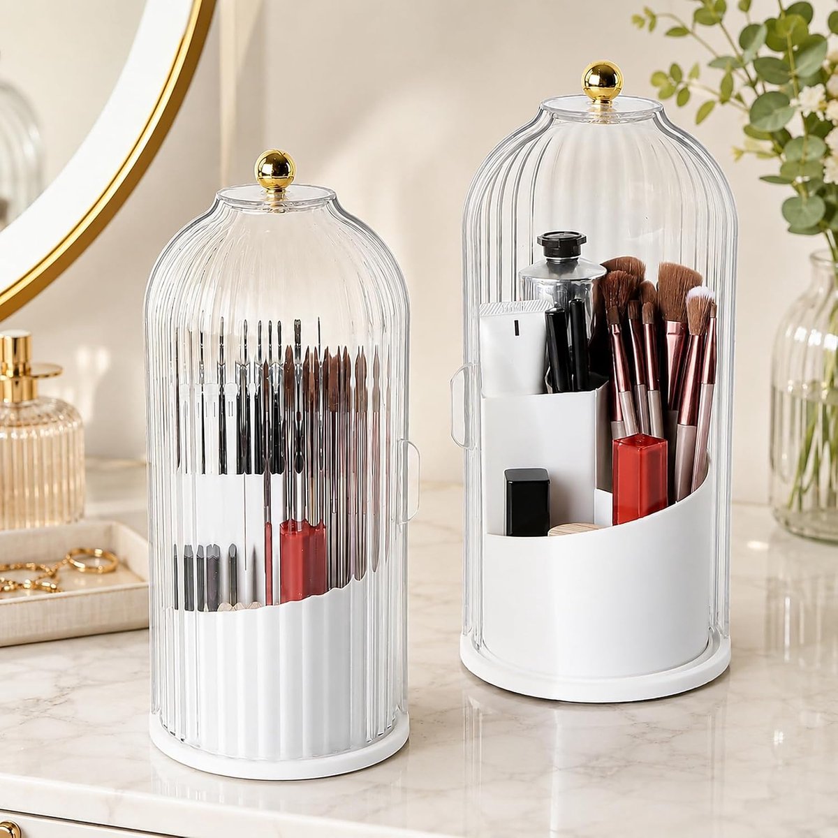 SnelShoppen - 360° Rotating Makeup Brush Holder met Deksel, Makeup Organizer voor Cosmetica, Spinnen, Brush Storage Box voor Badkamer en Dresser, Hand