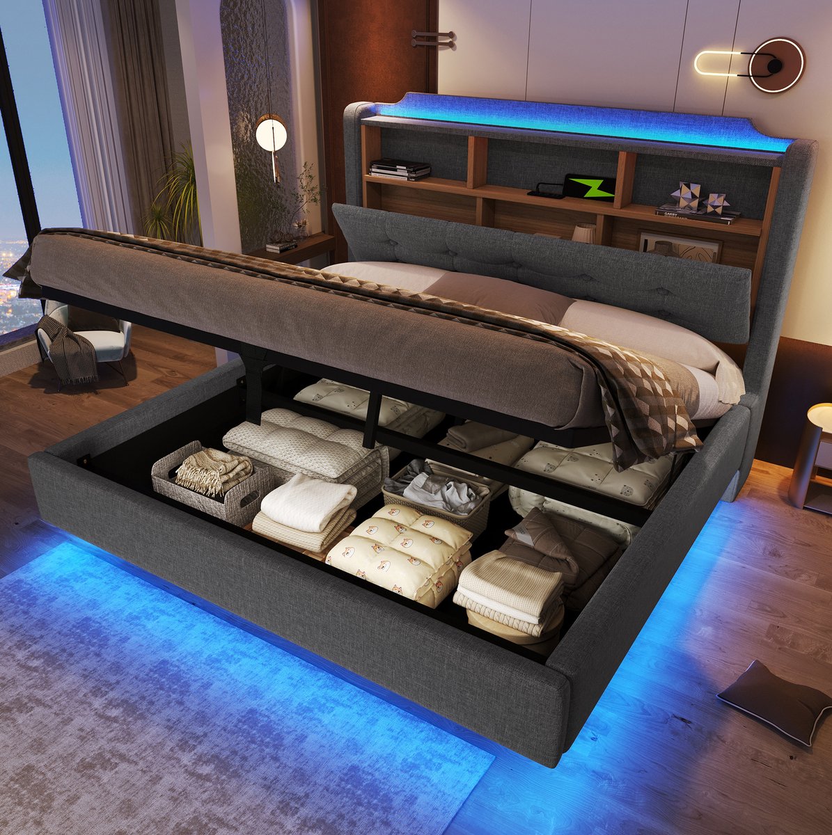 WUVRIE Gestoffeerd opbergbed 140x200 cm met LED, USB-C, hydraulische opbergruimte en hoofdbord, grijs