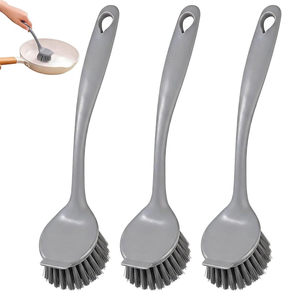 SnelShoppen - 3 Pack Keuken Afwasborstel met Handvat en Ingebouwde Schraper, Stevige Borstel voor Potten, Pannen en Borden, Antislip Grip, Grijs