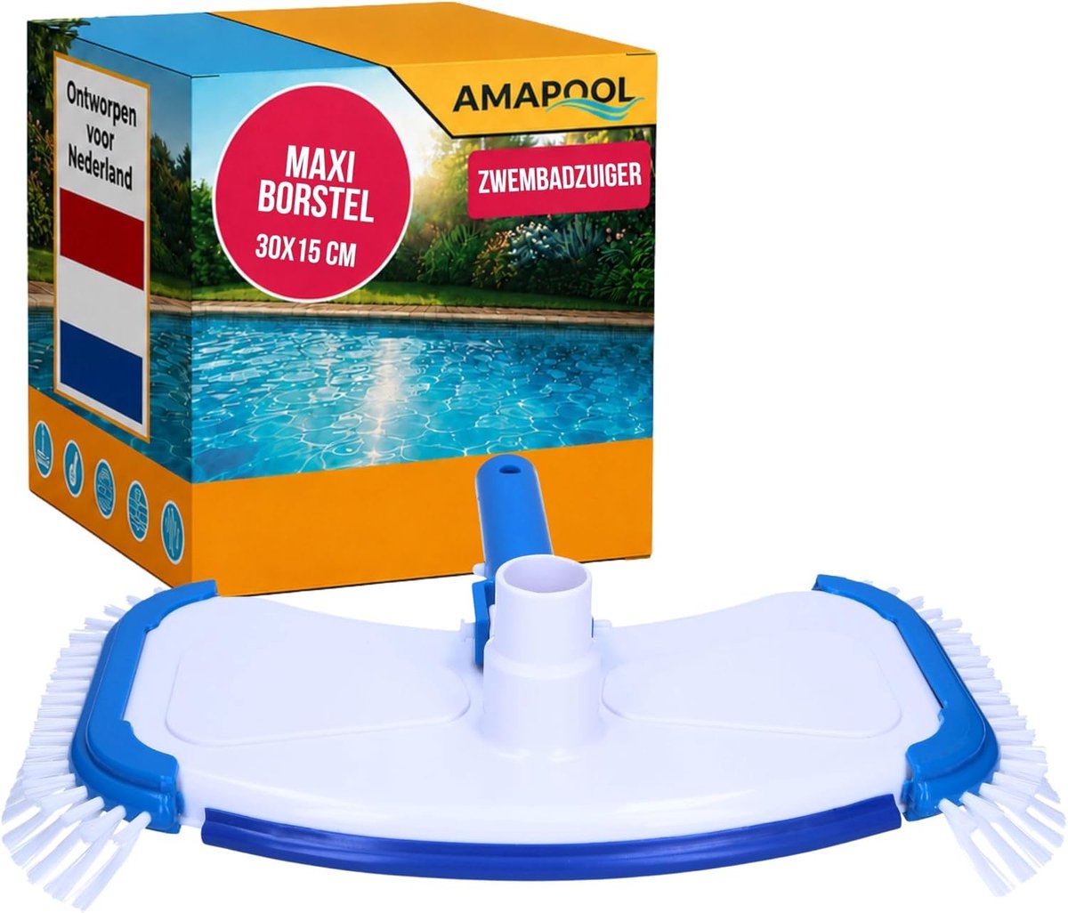 SnelShoppen - Amapool Vloervacuümreiniger Deluxe met 8 Onderborstels, 4 Zijkammen, Extra Zware Poolborstel met Clip-On Aansluiting Ø 32/38 mm voor Eff