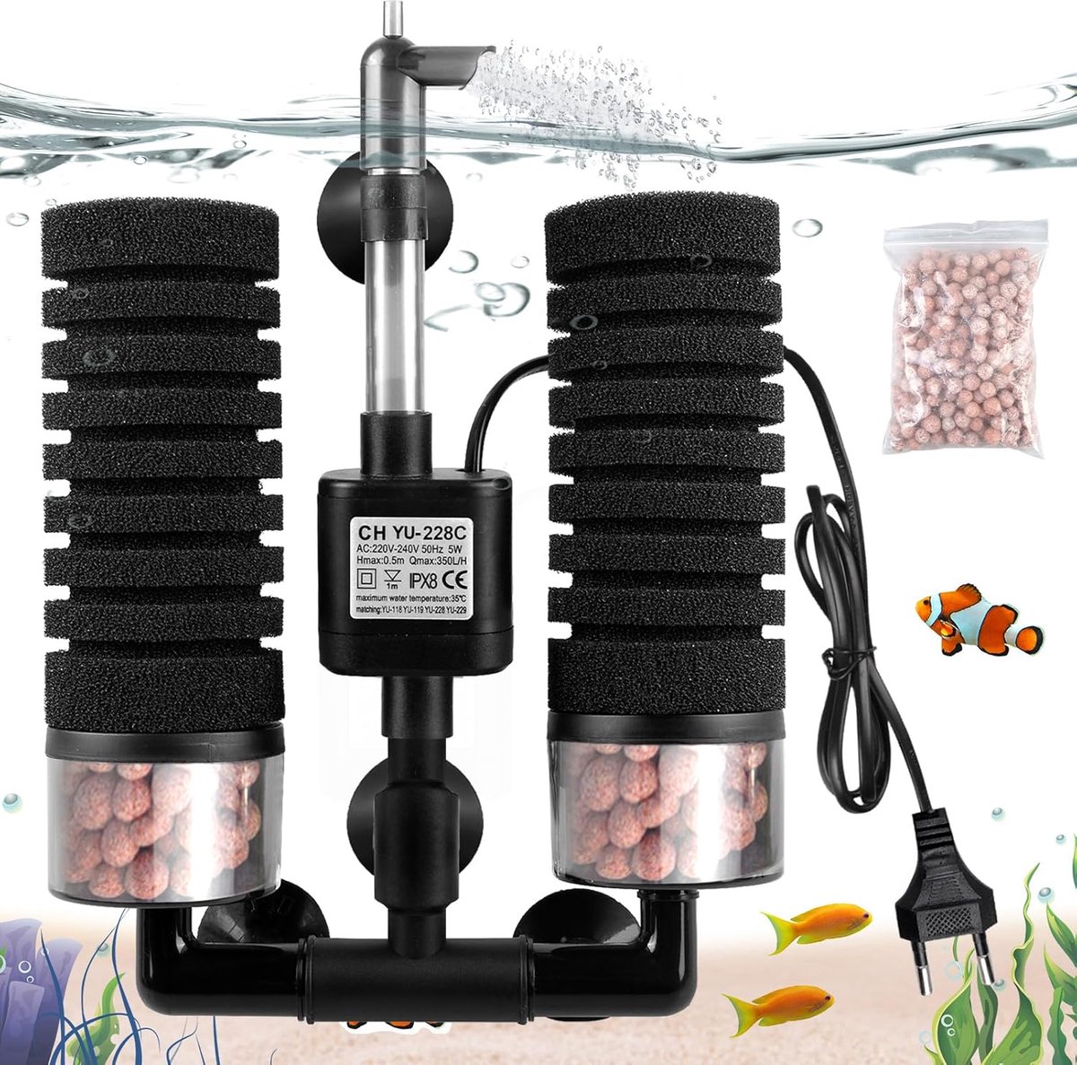 SnelShoppen - Aquarium Sponge Filter, Stille Foam Filter, Elektrische Aquarium Filter met Filterbal, Dubbele Sponge Filter voor Biologische en Mechani