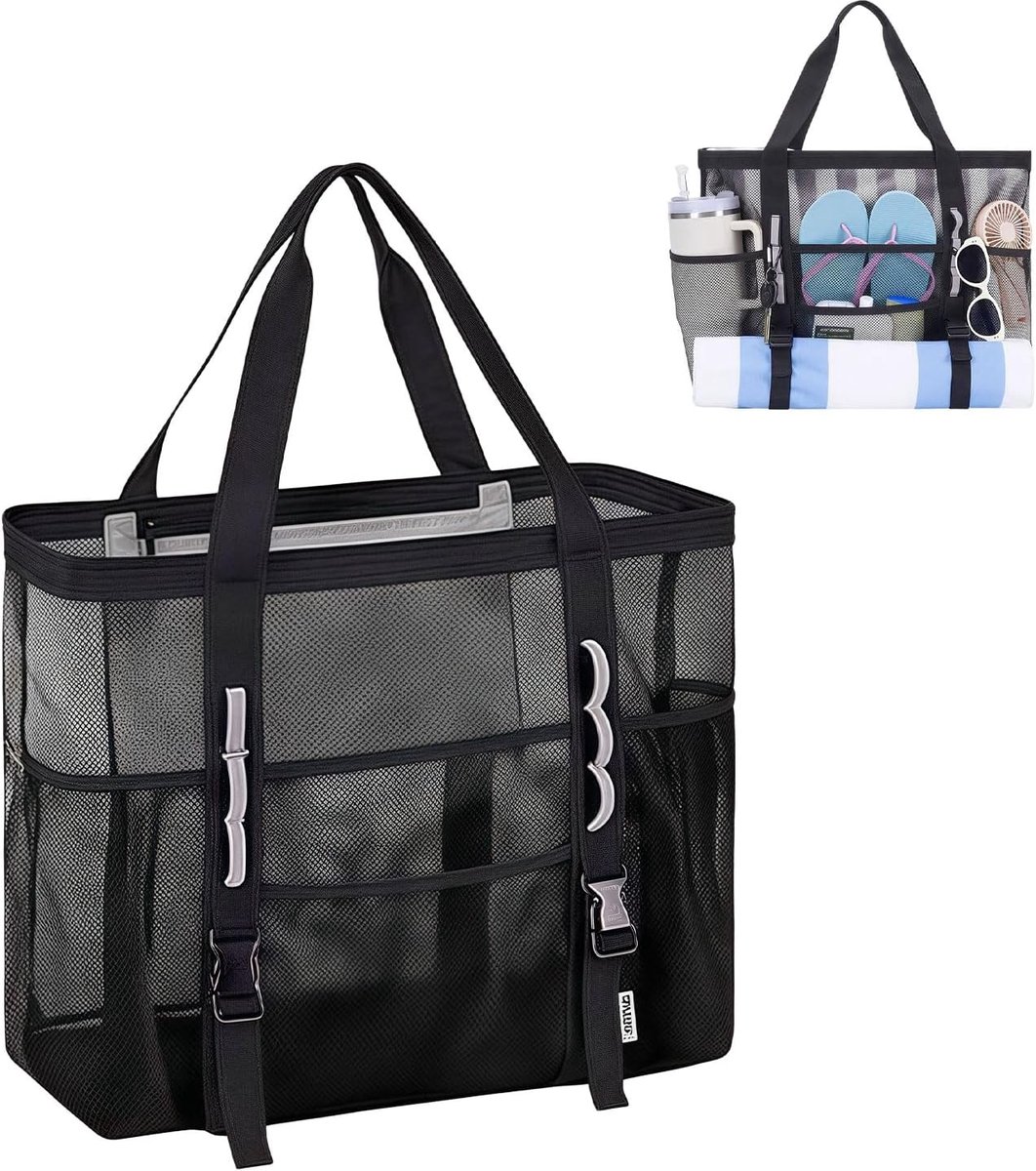 SnelShoppen - Grote Mesh Strandtas voor Vrouwen met Zijvakjes voor Bekers, Ademend, Ideaal voor Zwembad, Strand & Vakantie