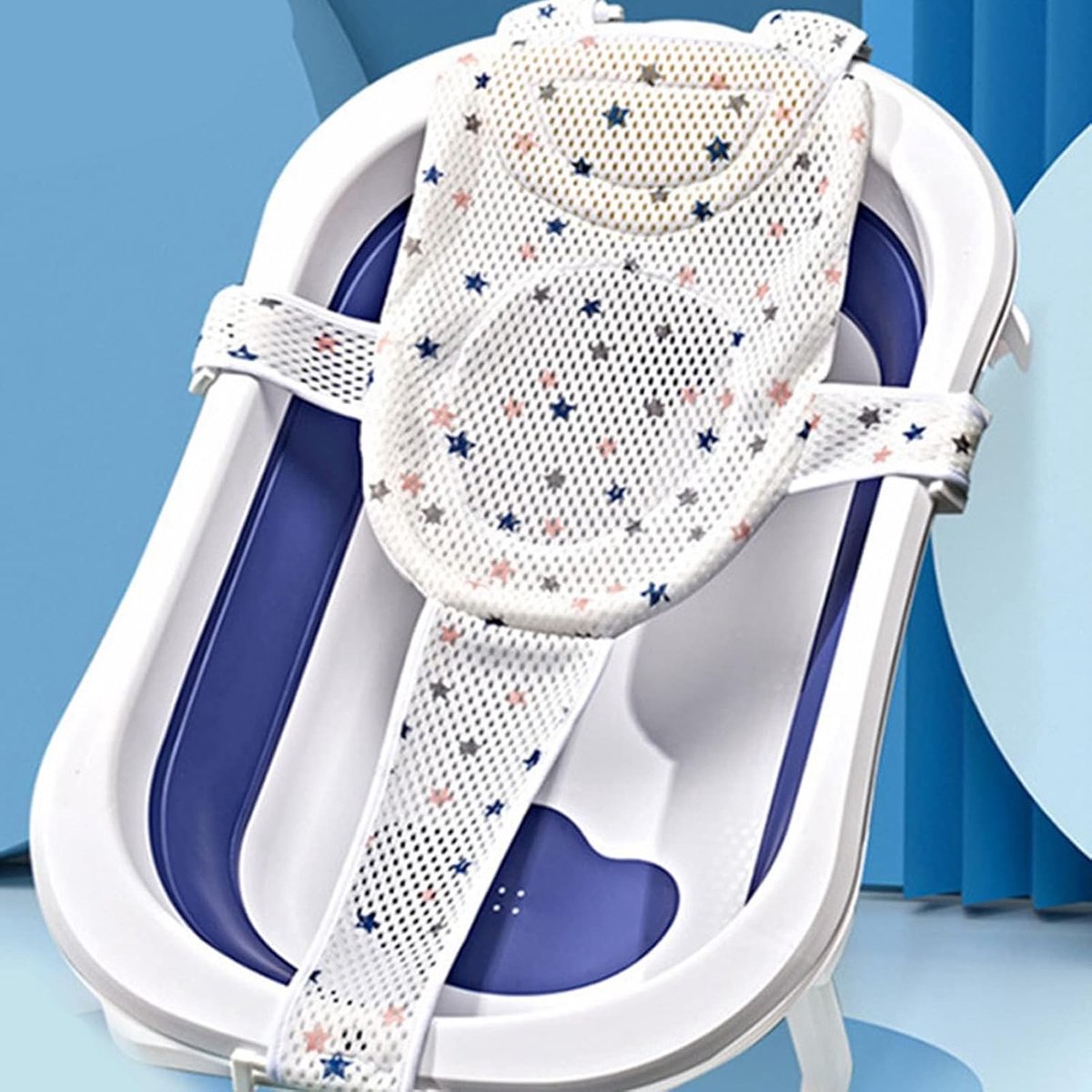 SnelShoppen - Badkuipzitje voor baby's, verstelbaar blauw-wit, veilig badaccessoire voor babybadkuip, universeel en comfortabel, perfect voor pasgebor