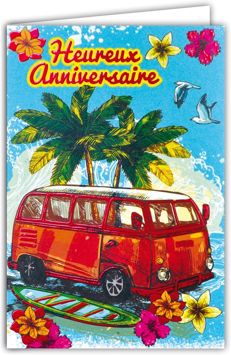 69-4070 wenskaart verjaardag rood glanzend combi VW wagen van hippie auto surfen