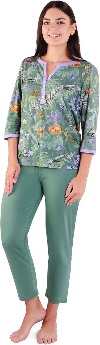 E.Femme Dames pyjama Anika 1151 katoen / modal 3/4 mouw, 7/8 broek, groen / print, maat 52
