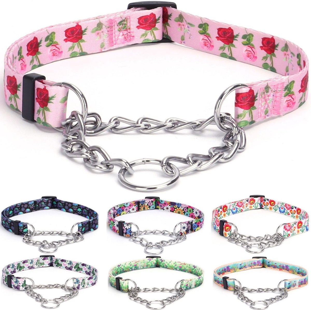 Hondenhalsband - Roestvrijstalen Ketting, Trekvrije Trainingshalsband met Bloemenontwerp voor Grote, Middelgrote, Kleine Honden (XL, Rozen)
