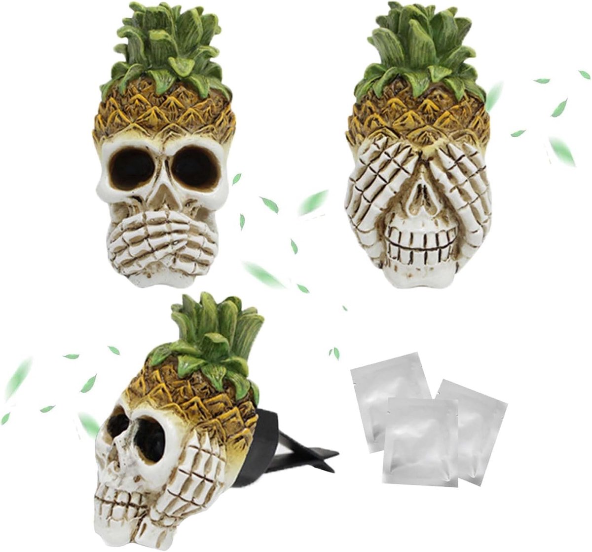 3 stuks autogeur, luchtverfrisser, aromatherapie, oliediffuser, ananaskop, diffuser, schedel, cadeau, decoratieve accessoires met 3 geurtabletten, huis- en autodecoratie voor auto, mannen en