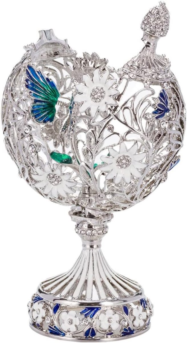 Danila-souvenirs Faberge-stijl gesneden ei met Bloemen en Vlinder 16,5 cm zilverkleur — afbeelding 2
