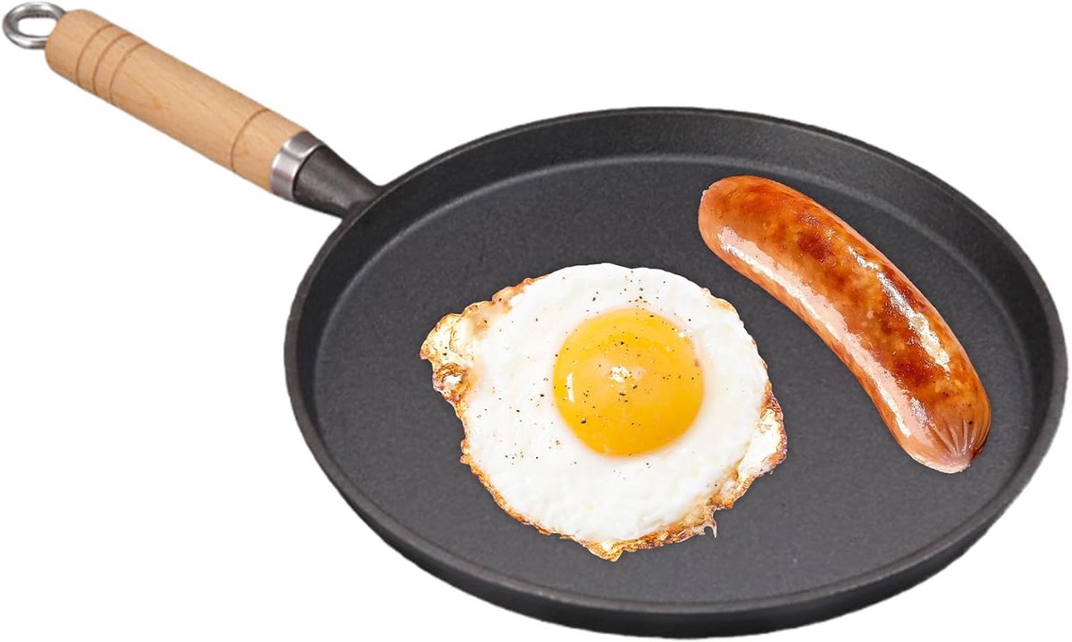26 cm pannenkoekenpan: gecoate gietijzeren pan met houten handvat, gelijkmatige warmteverdeling, antiaanbaklaag, braadpan voor gasgrill, gas, camping, outdoor koken