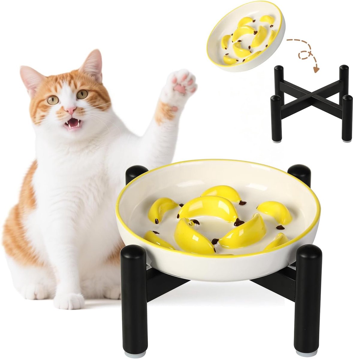 Slow Feeder Kattenbak - Keramische Kattenvoerplaat met Antislip Roestvrijstalen Standaard - Ondiepe doolhofschaal voor langzaam eten - Geel