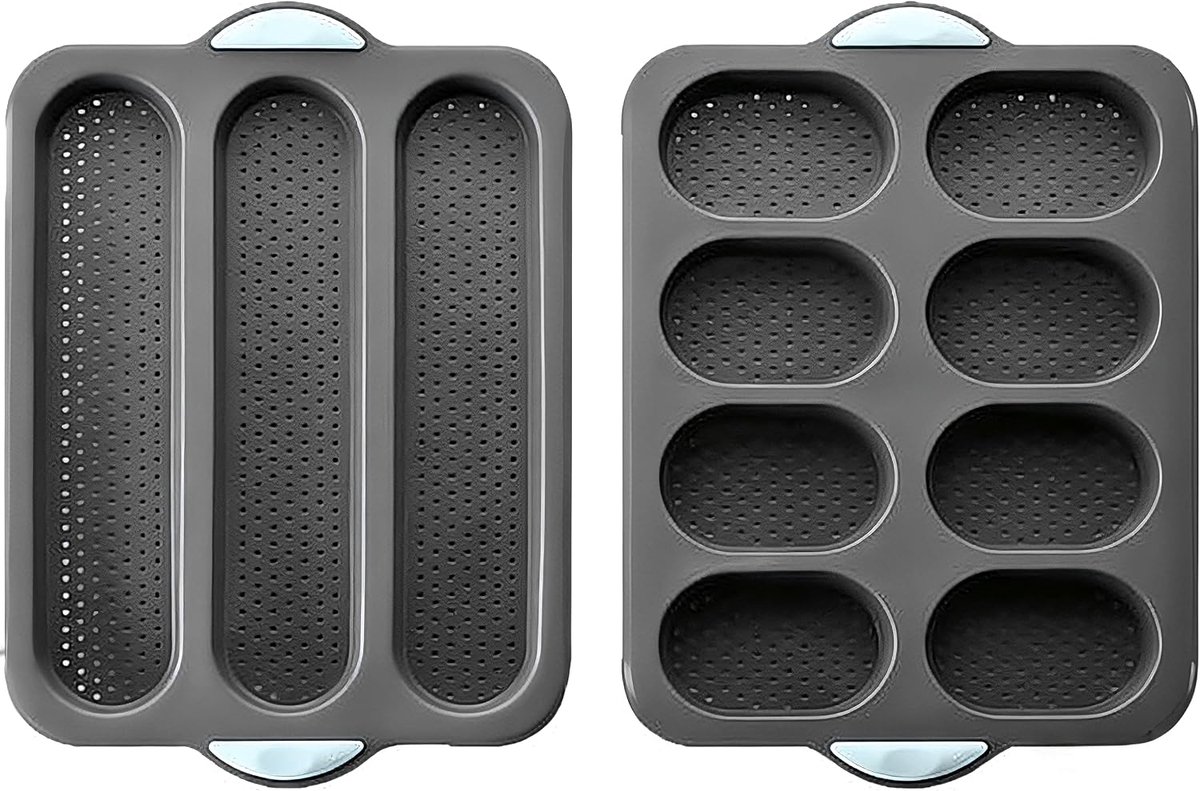 2 stuks siliconen bakvorm, broodjes- en baguettevorm, 35 x 24 x 3 cm, grijs, geperforeerd, antiaanbaklaag, met handgrepen, bakplaat voor baguette, brood en broodjes