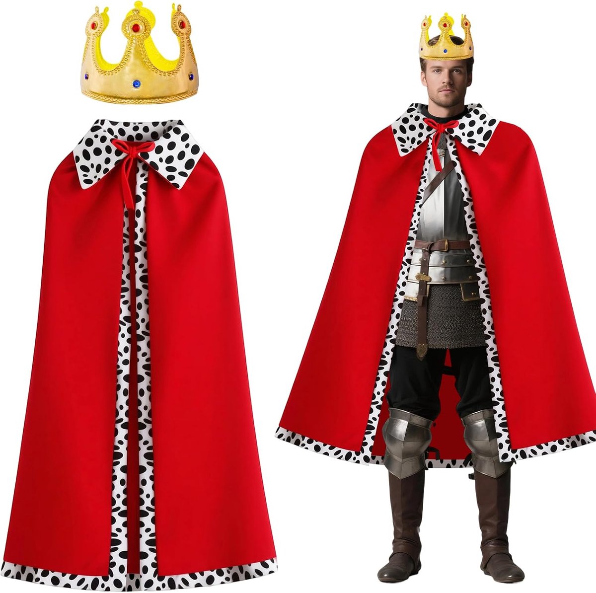 Cape van de koning kostuum voor volwassenen (130 cm), cape koningin van de koning met kroon, kostuumset, voor rollenspellen als koningin, Halloween-kostuum, theateruitvoeringen