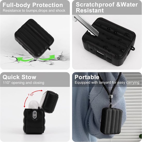 Beschermhoesje voor Airpods Pro 2, Compatibel met Airpods Pro 2e/1e Generatie (2023/2022/2019), Oordopjeshoes met Afneembare Draagriem, Harde Protective Case met Leren Strepen (Zwart) — afbeelding 3