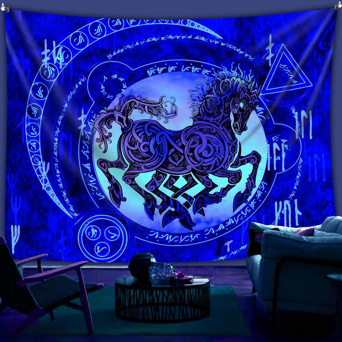 Wandtapijt Viking runen met Odin paard, blauw, 200 x 150 cm