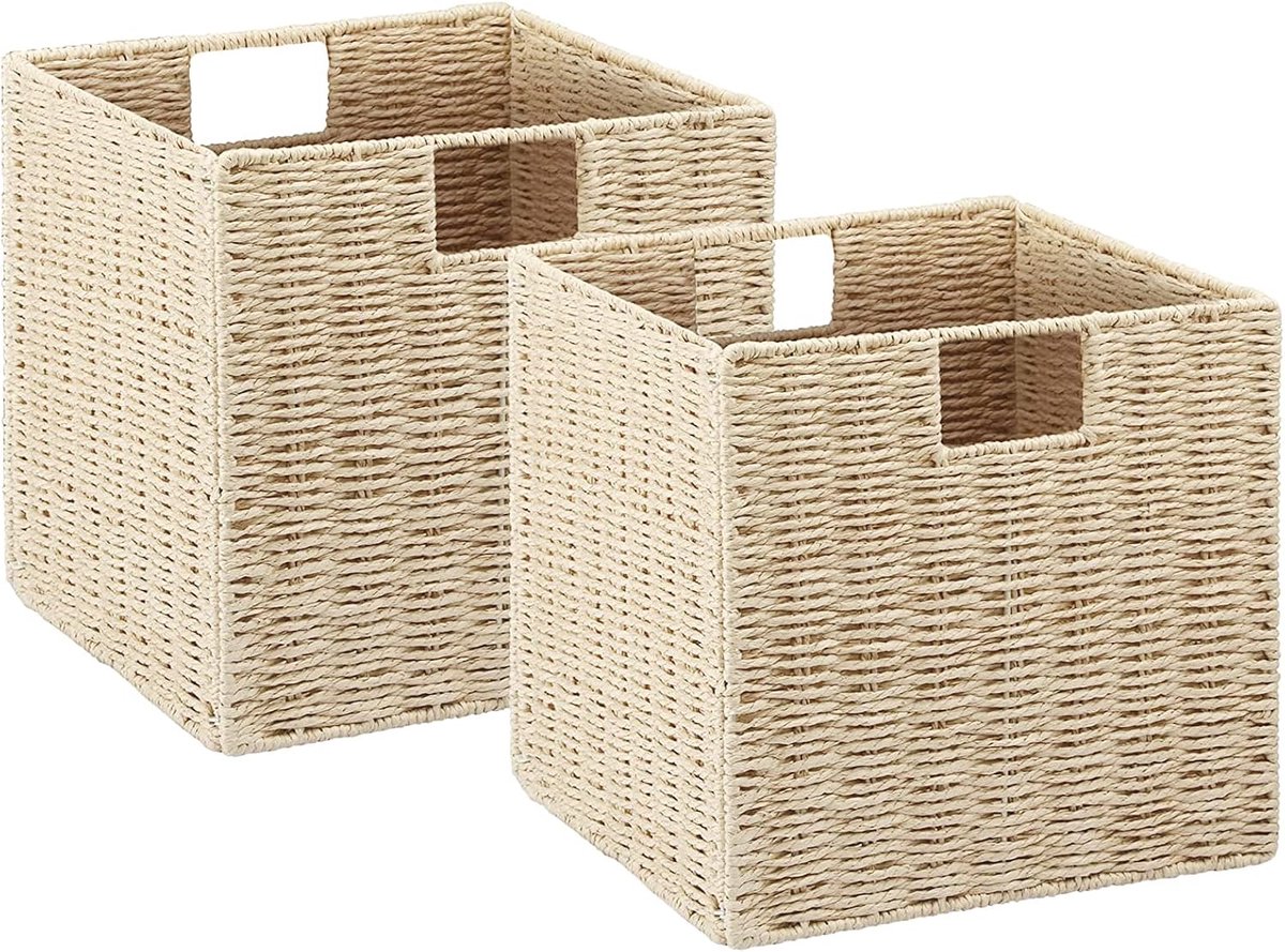 Rieten opbergmanden, set van 2 handgeweven met handgrepen, opvouwbare kubusorganizer 22,5 cm voor planken, voorraadkast, slaapkamerdecoratie - beige