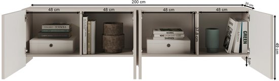 Witte TV-kast van 200 cm breed, 49 cm hoog en 35 cm diep met vier open vakken en vier deuren. Vakafmetingen: 48x37,8x48 cm.
