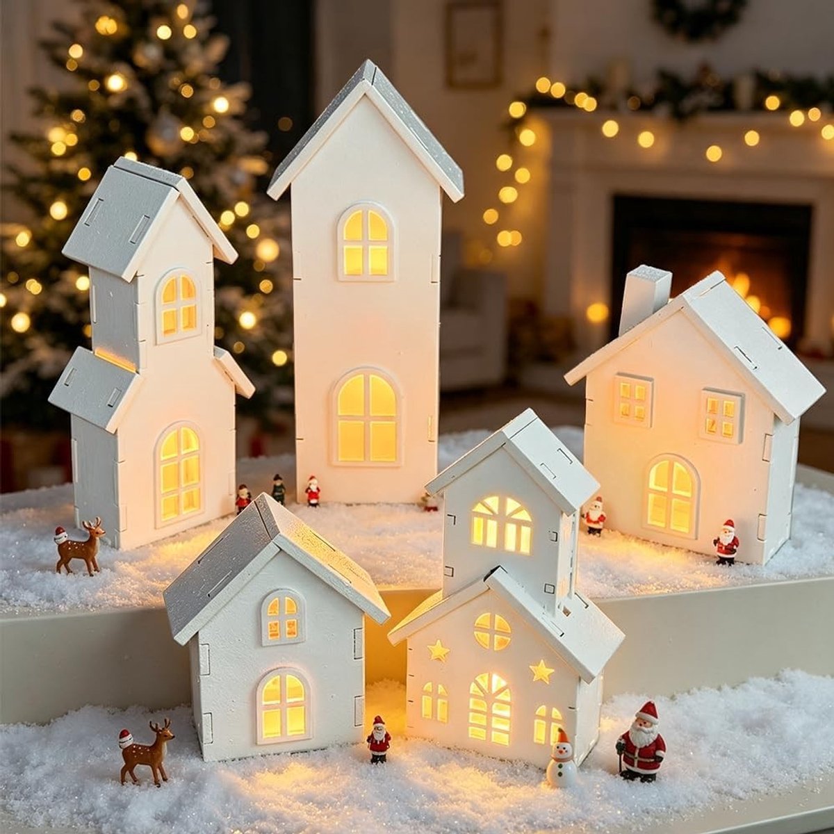 Verlichte Kerstdorp Set - Wit - 5 Stuks - Houten Kersthuizen met LED Licht - Voor Binnen – foto 3