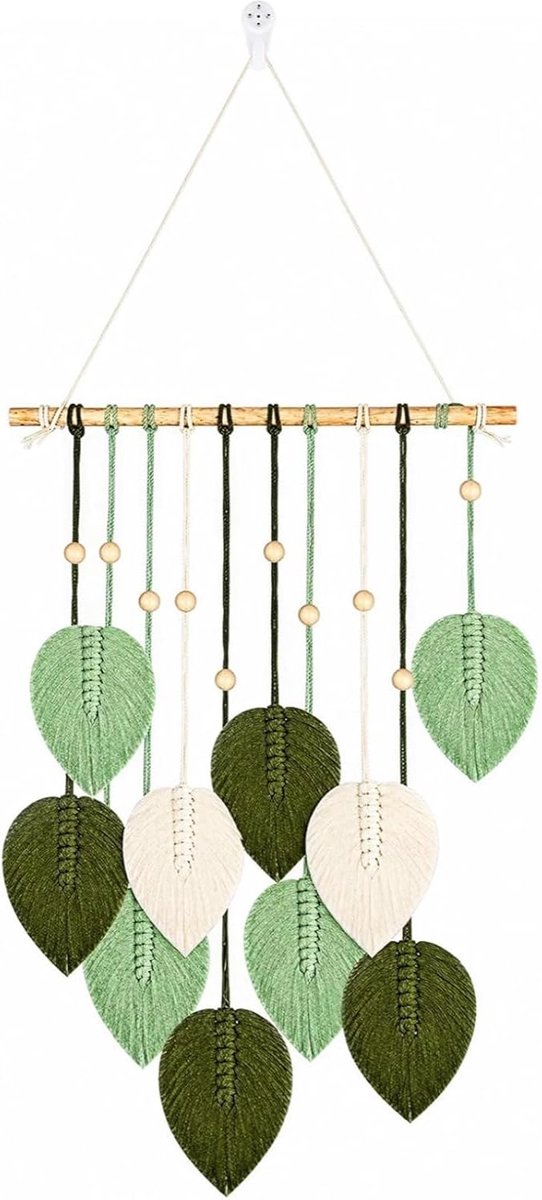 Macramé wandtapijt, handgemaakt boho-wandtapijt, wanddecoratie, blad wandtapijt met houten kralen voor woonkamer, slaapkamer, feest, bruiloft, eettafel, boerderijstijl