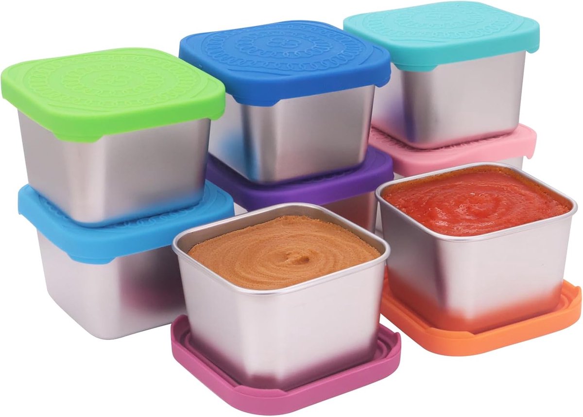 8 stuks roestvrijstalen snackpotten voor kinderen, 6 oz lekvrije metalen snackcontainers, kleine metalen lunchbox met siliconen deksels voor school, reizen
