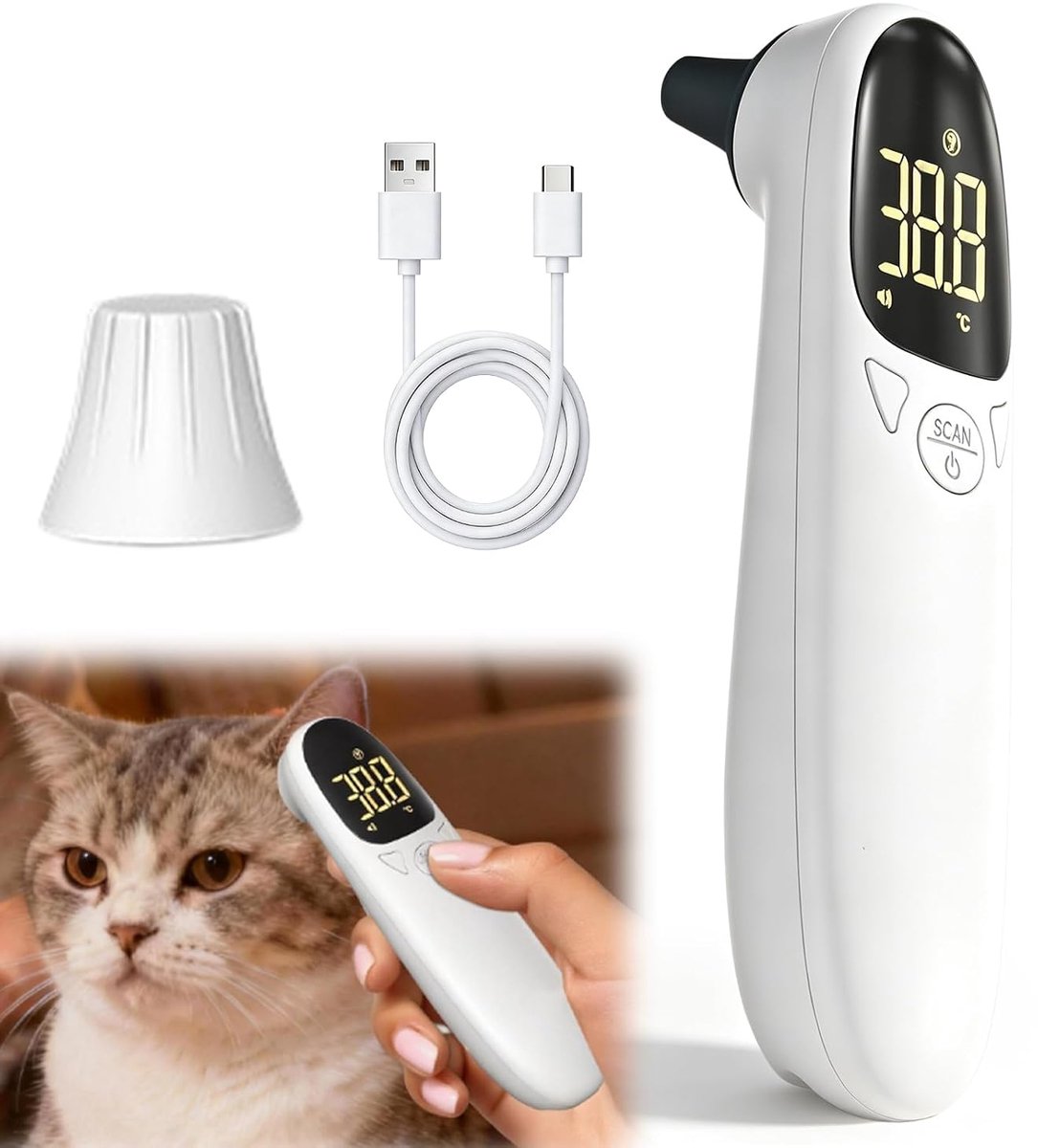 Oorthermometer voor honden, koortsthermometer hond met led-display, digitale huisdierthermometer, draagbare oorthermometer voor honden, katten, koeien, varen en dieren, wit