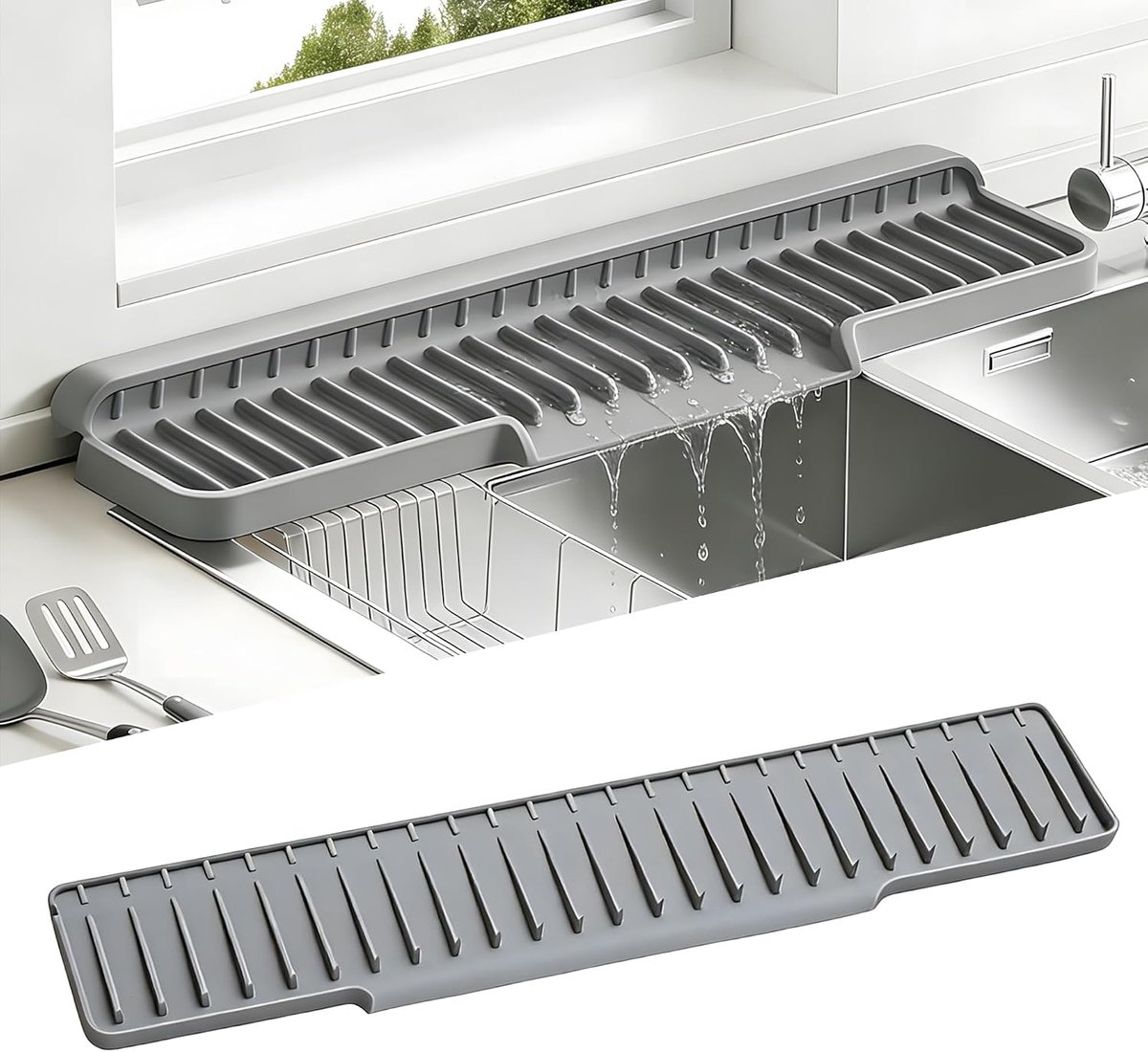 Gootsteenmat Spatplaat - Opvouwbaar Afdruiprek Kraanmat, Splash Guard Bescherming, Keuken/Badkamer Werkblad Afdruipmat, Smalle Lange Gootsteenbeschermer (Grijs, 60 x 12cm)