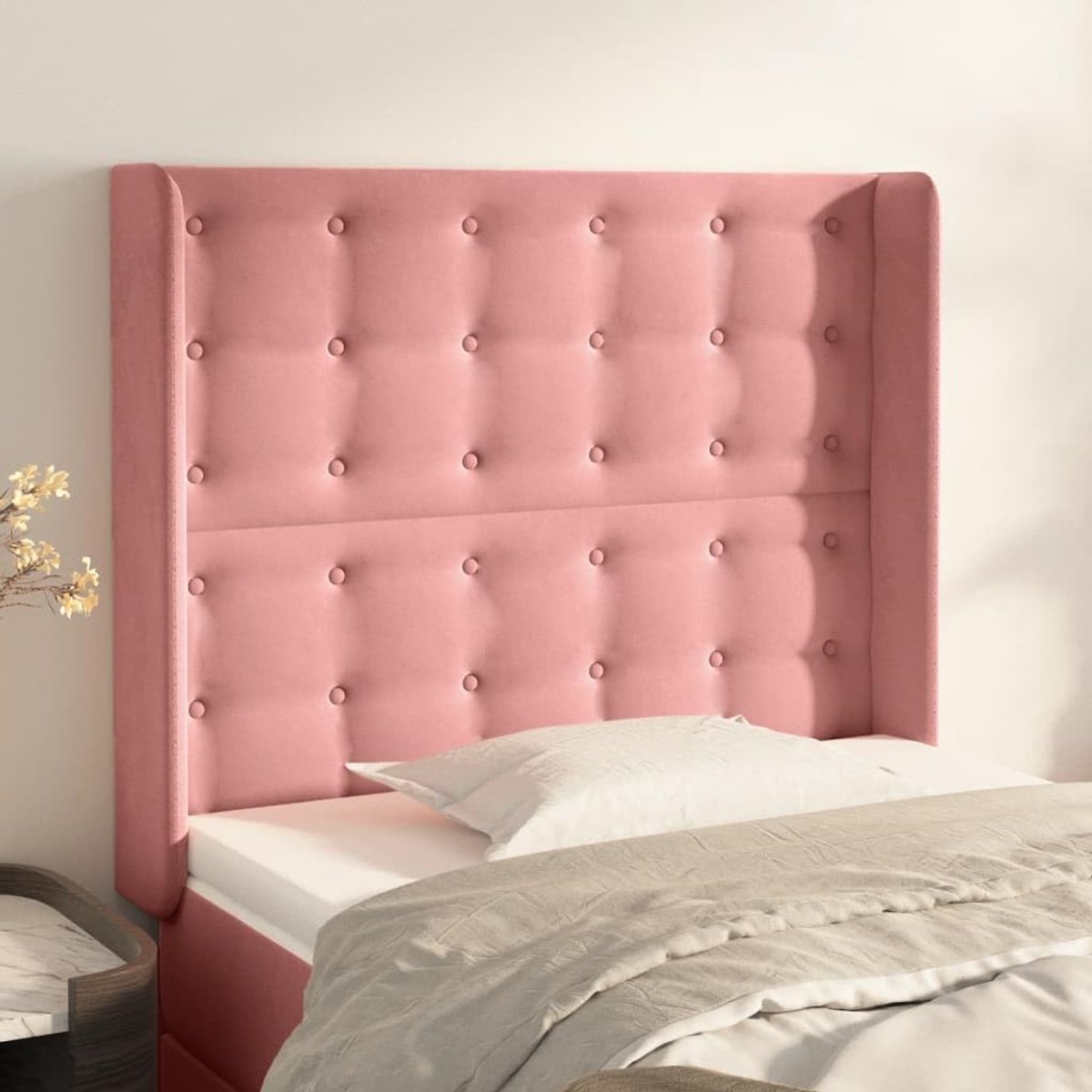 Hoofdbord met oren, roze, 103 x 16 x 118/128 cm, fluweel, voor de slaapkamer, hotel, hoofdeinde, werkkamer, voor slaapkamer, tweede slaapkamer, hotel
