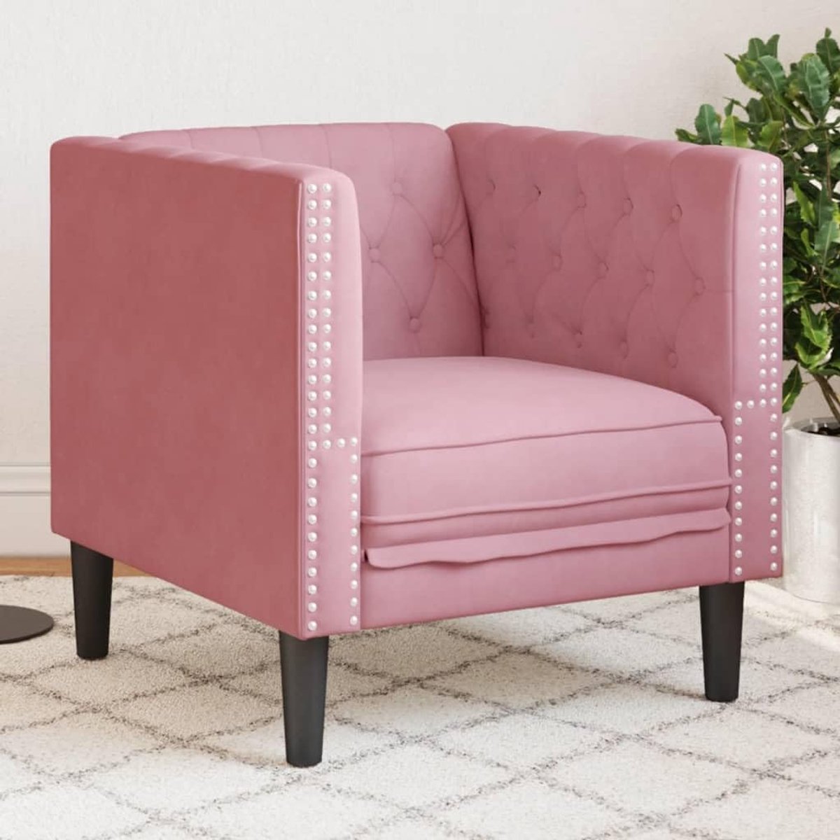 Roze fluweel, zachte velours bekleding, comfortabele bekleding, 4 steunpoten voor stabiliteit, klassiek design met knoopstiksels, elegante woonkamer