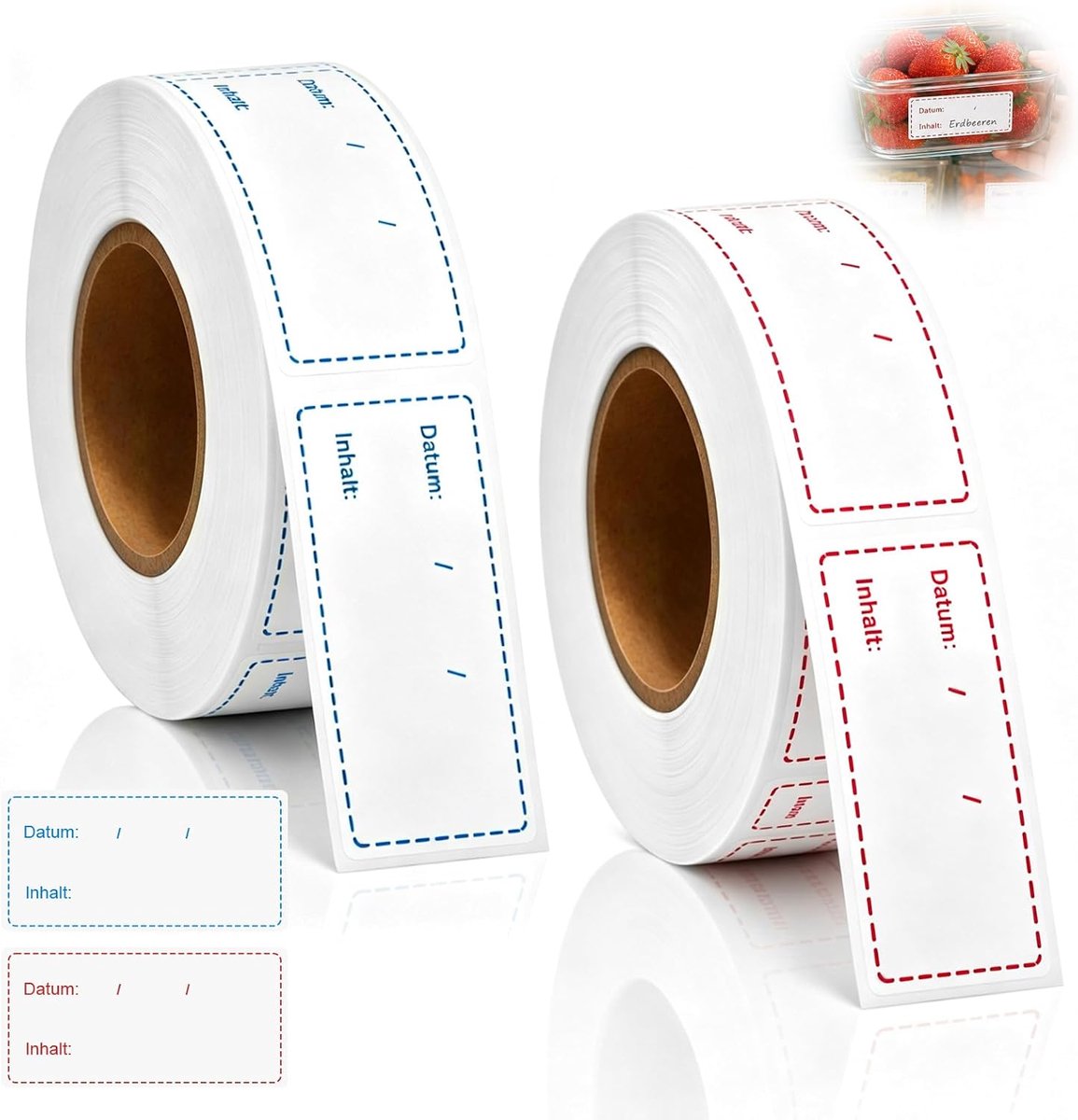 2 rollen 50 x 25 mm vriesetiketten, waterdichte etiketten rood/blauw