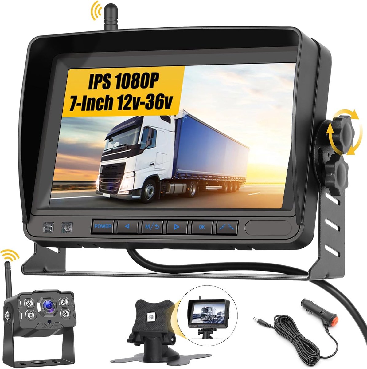 7 inch AHD 1080P monitor, draadloze, stabiele digitale achteruitrijcameraset, voor bestelwagens, SUV's, pick-up, IP68 waterdichte back-upcamera, doe-het-zelf rasterlijnen, groothoek
