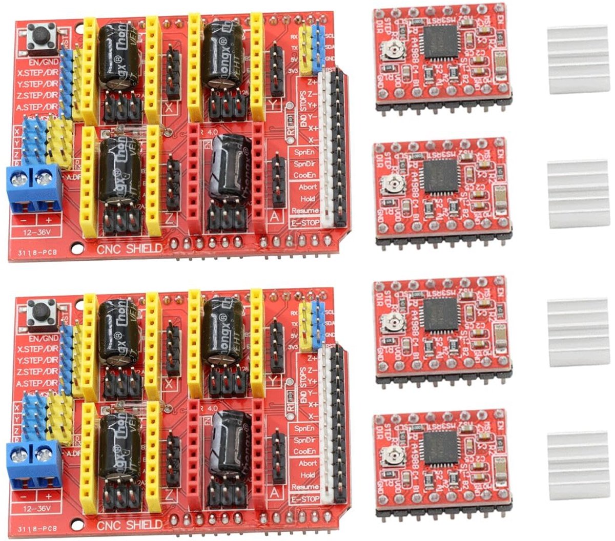 2 Stuks 3D-Printer schild v3 Uitbreidingskaart voor Graveeraandrijving 4 Stuks 3D-Printeraccessoires A4988 / DRV8825 Stappenmotor-Drivermodule Met Ingebouwde Converter