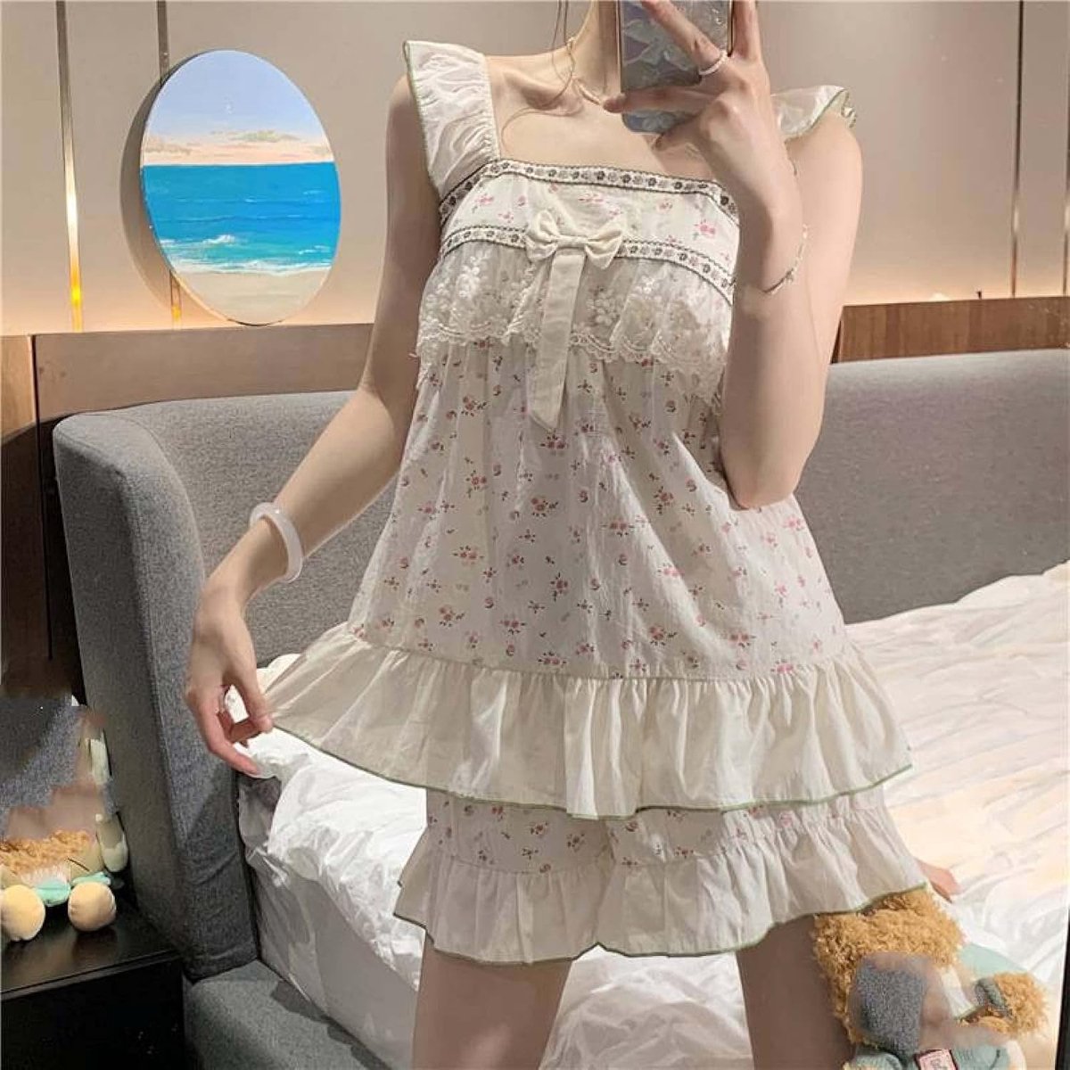 Vierkante Kraag Pyjama Set - Lief Leuke Strik Knot Bloemen Sling Zacht Katoen Leuke Nachtkleding Mooie Homewear, Minimalistische Eenvoudige Tender Versie Lounge Stijlvol Sleepshirt Zusters
