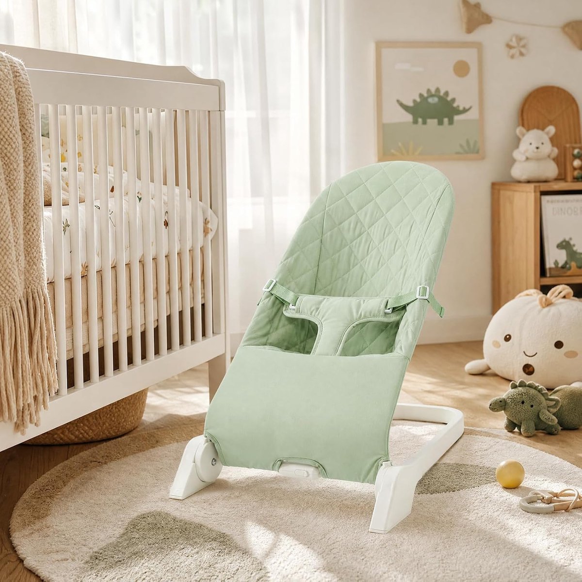 Draagbare babybouncer - groen - 0-12 mnd - ergonomisch leunstoeltje - zacht schommelend voor baby's