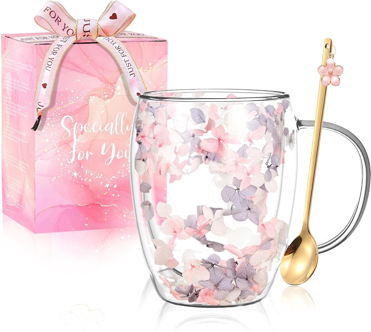Cadeaus voor Vrouwen Droogbloemen Dubbelwandige Glazen Koffie Mokjes Schattige Glazen Thee Koppen met Handvatten Kerstmis Verjaardagscadeaus voor Beste Vriend Leraar Mama Cadeau Nieuw Thuis