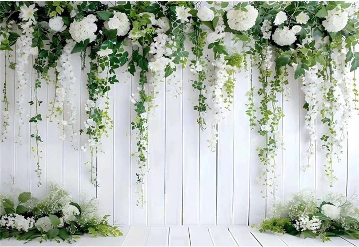 Bloem Bruiloft Fotografie Achtergrond 7x5ft Retro Witte Plank met Groene Bladeren Bloemen Bruids Douche Achtergrond Baby Meisje Verjaardagsfeest Portret Dessert Cake Tafel Decor