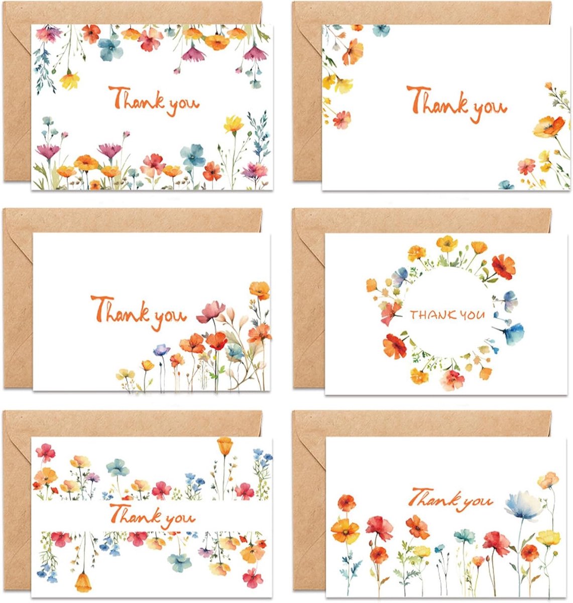 Multipack van 12 met enveloppen, bedankkaartenset, met 6 wilde bloemenontwerpen, blanco wenskaart, voor leraren, familie, bruiloft, vrienden, verjaardag, kinderen, volwassenen
