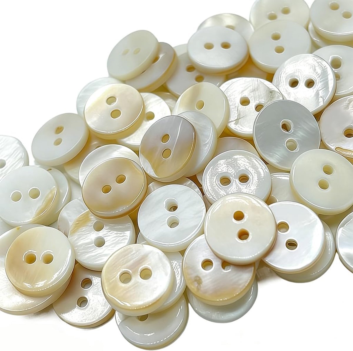 Knopen, 10 mm, premium schelpknopen, wit met olieachtige glans, natuurlijke knopen met 2 gaten, plat, voor blouses, overhemden en breiwerk, hoogwaardige naai-accessoireset, rond en
