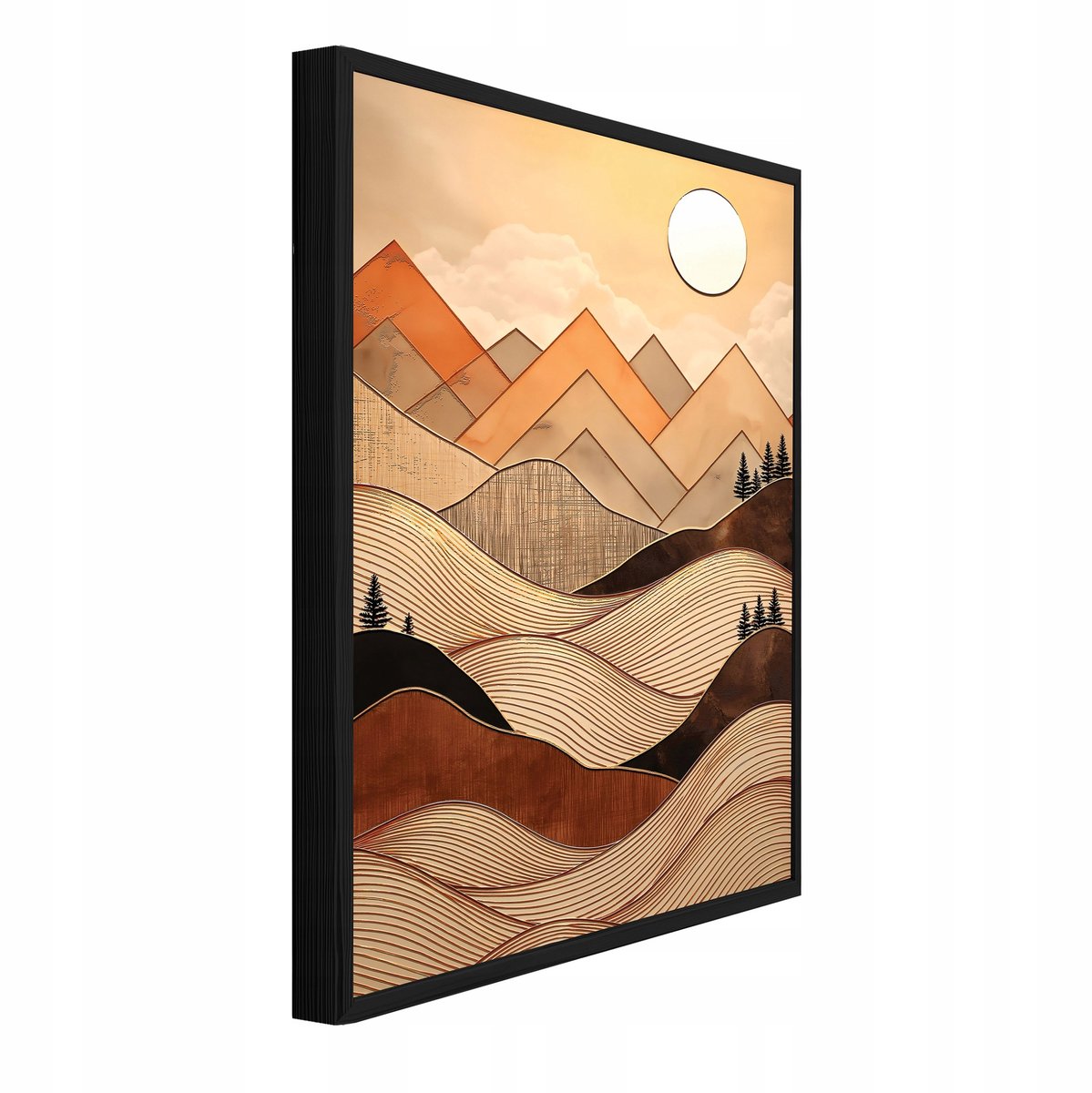 WALLARENA Schilderij met reliëf 90x60 cm - zwarte lijst - berglandschap in bohostijl - woonkamer en slaapkamer Beige